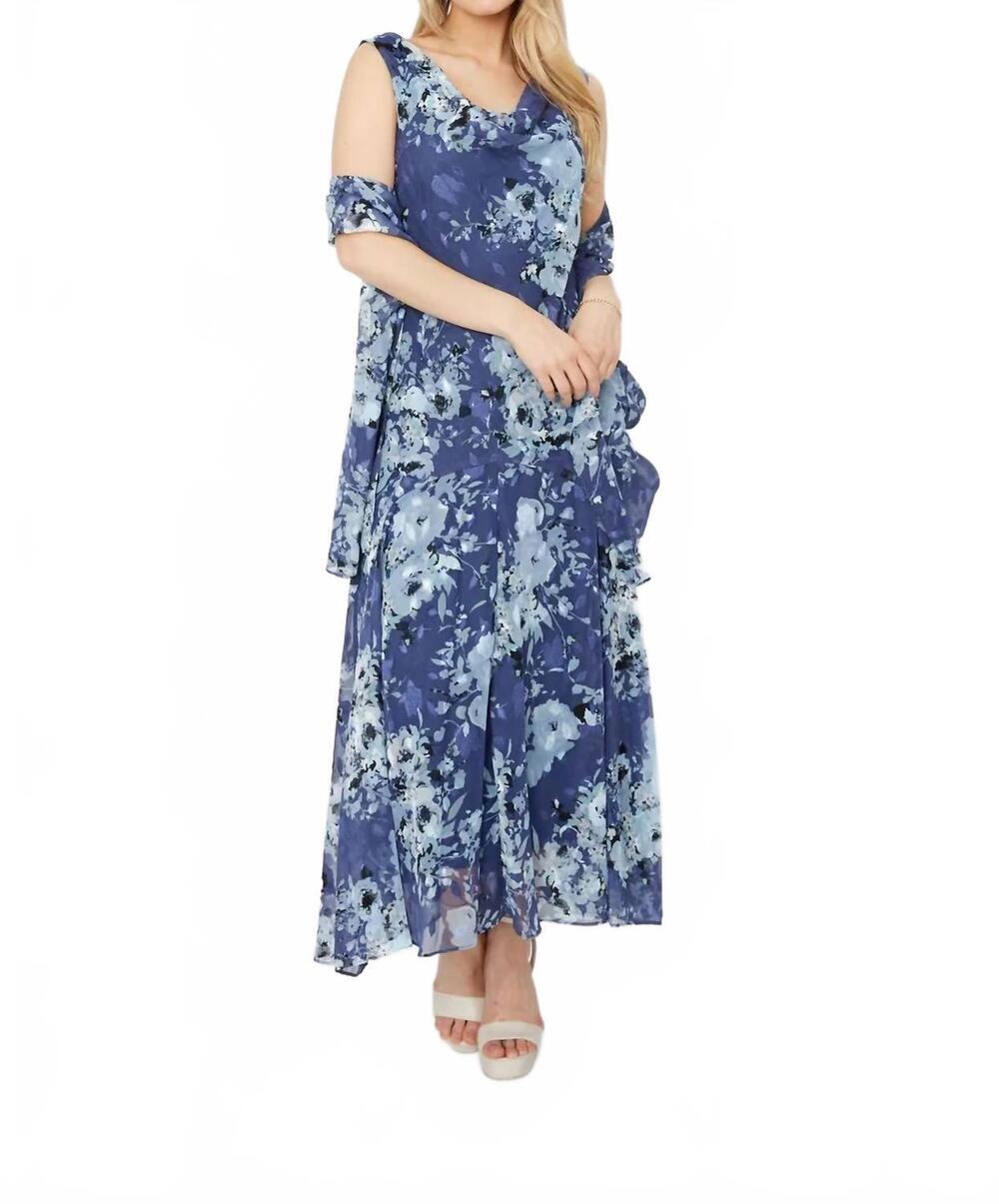 NEW ALEX EVENINGS cowl neck printed dress with shawl in wedgewood